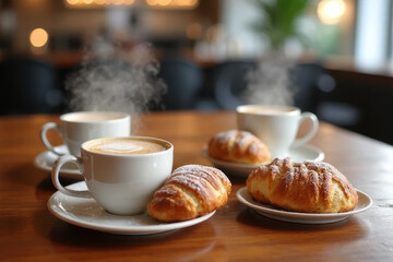 The image shows a wooden table with two cups of coffee and pastries on it. The cups are filled with a steaming hot beverage