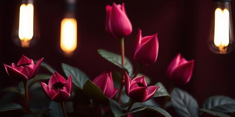 Obraz premium Dark Red Flowers Illuminated by Edison Bulbs Romantic Still Life