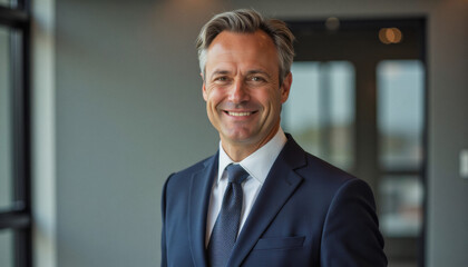 Fototapeta premium Modern portrait headshot of a friendly ceo executive business worker: A smiling, middle-aged Caucasian man in a dark suit and tie stands confidently in a modern office space.