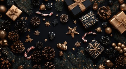 Black and gold Christmas background with gifts and decorations