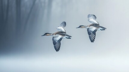 Obraz premium Northern pintails flying through fog
