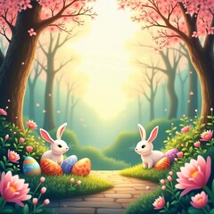 "Charming Spring  Bunnies with Colorful Eggs in a Blooming Spring Meadow"