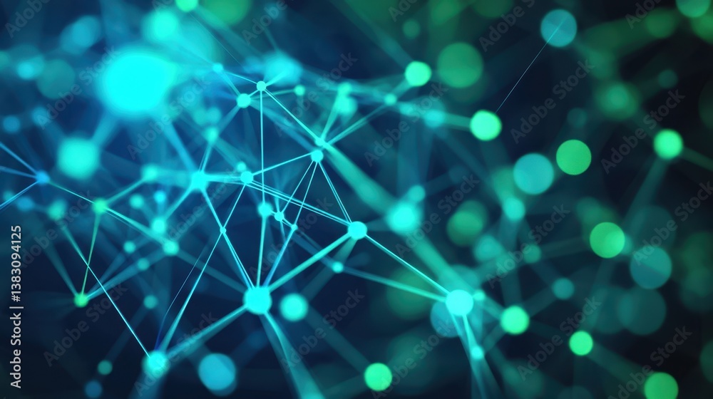 Poster A futuristic abstract digital network featuring blue and green connections, visually representing data flow and communication with a dynamic and high-tech design.