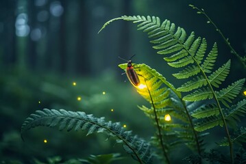 Firefly Illuminating Fern Leaves in a Misty Forest Setting