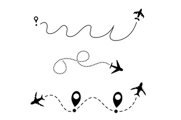 Set of flat airplane route symbol is isolated on a transparent background. For web, infographics, signs, or app design. Plane route lines of aircraft tracking, location map pins, planes, travel.