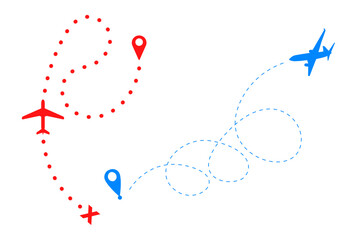 Fototapeta premium A colorful flat airplane route symbol is isolated on a transparent background. For web, infographics, signs, or app design. Plane route lines of aircraft tracking, location map pins, planes, travel.
