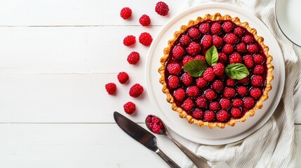 Overhead view of a delicious raspberry tart on a white plate surrounded by fresh raspberries and accompanied by utensils on a wooden surface