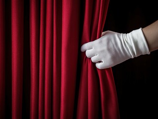 A hand wearing a white glove is gracefully opening a red curtain