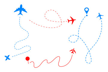 A colorful flat airplane route symbol is isolated on a transparent background. For web, infographics, signs, or app design. Plane route lines of aircraft tracking, location map pins, planes, travel.