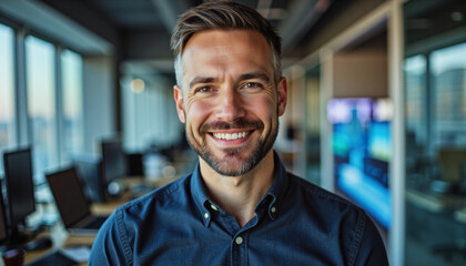 Modern portrait headshot of a friendly ceo executive business worker: A smiling man with a beard stands confidently in a modern office with a city view, conveying a sense of success and approachabil