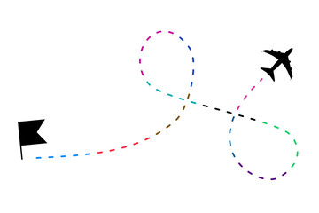 Fototapeta premium A colorful flat airplane route symbol is isolated on a transparent background. For web, infographics, signs, or app design. Plane route lines of aircraft tracking, location map pins, planes, travel.