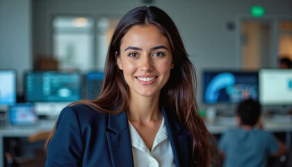 Fototapeta premium Modern portrait headshot of a friendly ceo executive business worker: A smiling young woman with long dark hair, wearing a white blouse and navy blazer, confidently looks at the camera in a modern o
