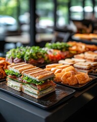 Fototapeta premium Delicious gourmet sandwiches artfully displayed on a buffet table offering a culinary experience with fresh ingredients and a modern presentation