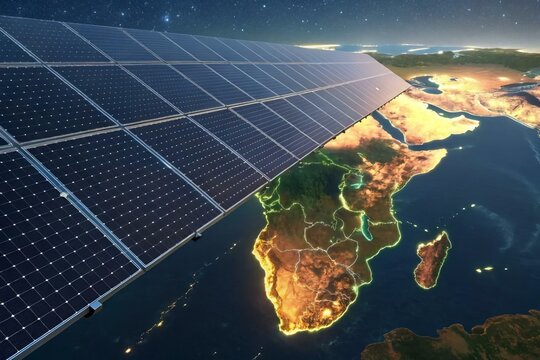Solar Panels Above Africa at Night with Starry Sky and Lights