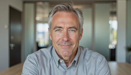Fototapeta premium Modern portrait headshot of a friendly ceo executive business worker: A mature man with gray hair and blue eyes smiles warmly at the camera in a modern office setting.