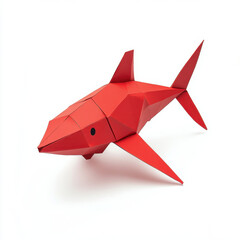 vibrant origami shark crafted from red paper showcases intricate folds and sharp angles, embodying creativity and artistry paper design. This stunning piece captures essence of origami beautifully
