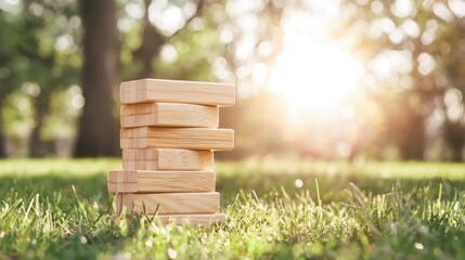 Wooden blocks stacked in a sunny park setting