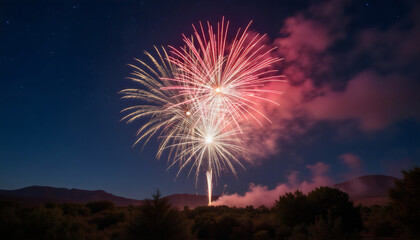 Fiery Fireworks Burst Against a Starry Sky: Dramatic Nighttime Display with Vivid Colors.