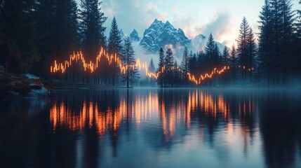 Fototapeta premium Candlestick Chart Reflected in a Serene Mountain Lake