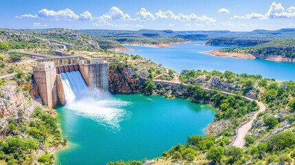 Scenic reservoir with cascading waterfall