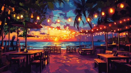 Beach restaurant at sunset with string lights and ocean view for a romantic evening dining scene