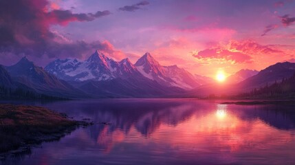 Pink sunset over snowy mountain lake reflecting vibrant sky