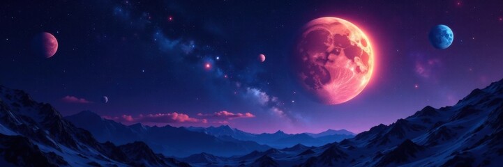 Midnight celestial showcase with sparkling stars and planets, planetary system, space, darkness