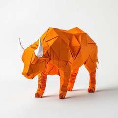 This stunning origami sculpture showcases vibrant orange bull, crafted with intricate folds and sharp angles, highlighting artistry of paper folding. piece captures essence of creativity