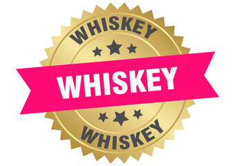whiskey. whiskey round pink and gold label isolated on transparent background