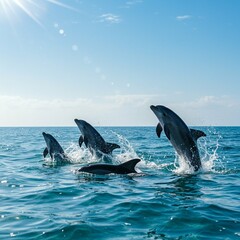 Fototapeta premium Dolphins are swimming in the water, creating splashes and gentle waves.