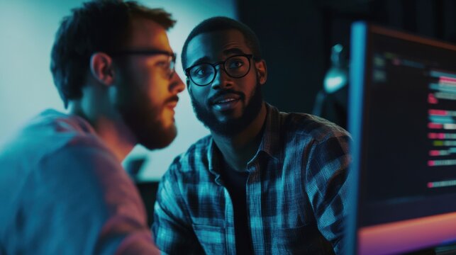Two developers collaborating on code, illuminated by a screen's glow, share ideas and solutions in a focused workspace. 