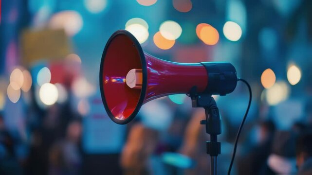 Positioned slightly to one side the politician is caught midsentence with the megaphone transmitting their words into the vibrant atmosphere. The backdrop includes blurred signs of