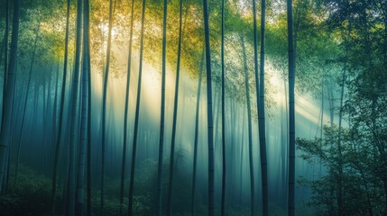 Naklejka premium A misty bamboo forest with soft sunlight.