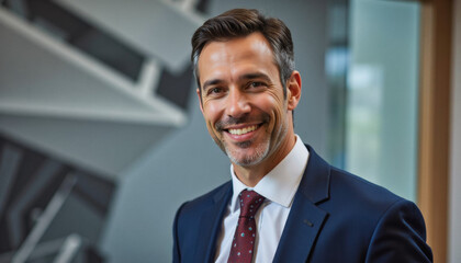 Fototapeta premium Modern portrait headshot of a friendly ceo executive business worker: A smiling, middle-aged man with dark hair and a neatly trimmed beard confidently poses in a professional setting, wearing a navy