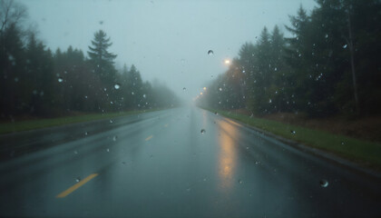 Rainy Road with Misty Forest: Moody Atmosphere on a Wet Highway.