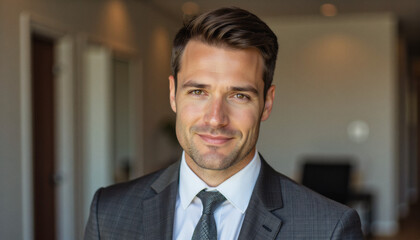 Fototapeta premium Modern portrait headshot of a friendly ceo executive business worker: A handsome man in a gray suit confidently looks at the camera with a slight smile in a modern interior hallway.