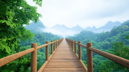A serene wooden bridge stretches through lush green foliage, leading into misty mountains, creating a tranquil atmosphere in nature.