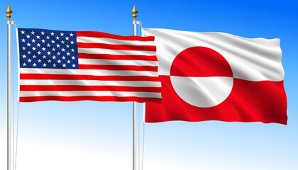 United States vs Greenland, waving flags on a sky blue background, vector illustration