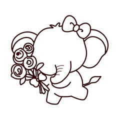 sketch of cute elephant hold roses 