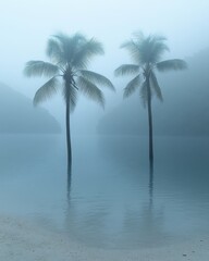 Obraz premium Serene tropical lake with palm trees shrouded in mist creating a tranquil and dreamy atmosphere for relaxation and escape