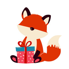 cute fox holding gift box
