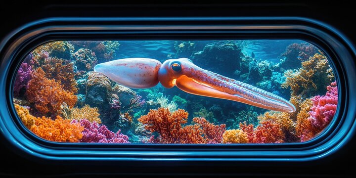 Fototapeta Squid swimming through coral reef, seen through a submarine window. Use on marine life, underwater exploration, or science fiction websites and blogs.