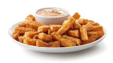 Golden fried sweet potato fries with a creamy cinnamon dip