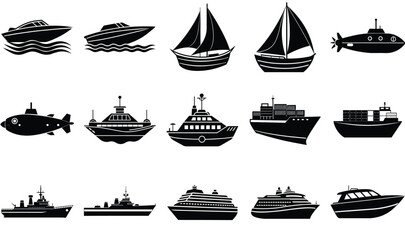 Collection of various boats and ships in silhouette Ocean Icons for World Oceans Day