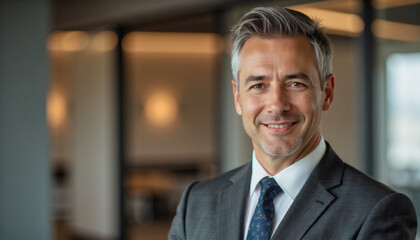 Fototapeta premium Modern portrait headshot of a friendly ceo executive business worker: A professionally dressed man with graying hair smiles confidently at the camera in a modern office setting.