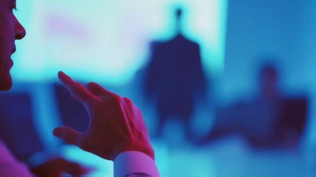A closeup of an advisors hand gesturing emphatically while another leans in listening intently their faces vividly lit. The indistinct outlines of a large screen and chairs fade into