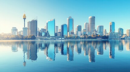 Fototapeta premium A modern city skyline reflected in water.
