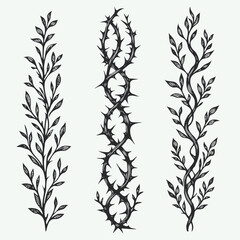 Set of twigs, branches of leaves. Seamless doodle floral pattern. Hand drawn Botanical drawing. Detailed line art of twigs and thorns vine illustration. Outline Simple Stylized Art