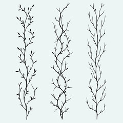 Naklejka premium Set of twigs, branches of leaves. Seamless doodle floral pattern. Hand drawn Botanical drawing. Detailed line art of twigs and thorns vine illustration. Outline Simple Stylized Art