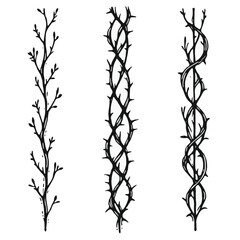 Set of twigs, branches of leaves. Seamless doodle floral pattern. Hand drawn Botanical drawing. Detailed line art of twigs and thorns vine illustration. Outline Simple Stylized Art